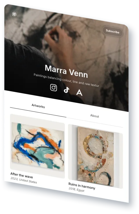 Customised markmy.art artist profile showing an artwork portfolio