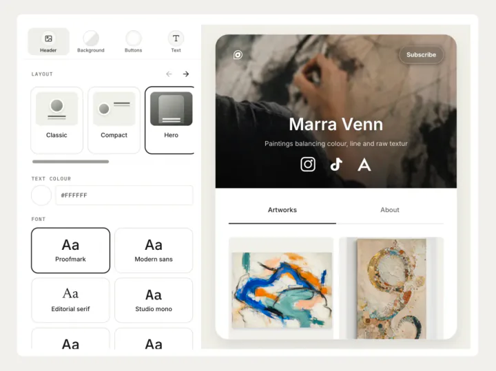 markmy.art profile editor showing a customised artist portfolio