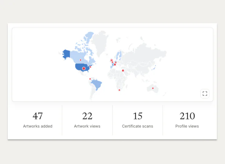markmy.art dashboard map showing artwork views, certificate scans and profile views around the world