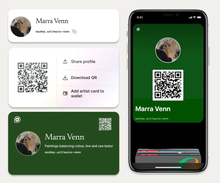markmy.art artist profile sharing options with QR code, artist card and mobile wallet pass