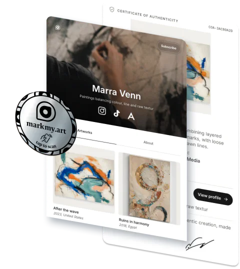 markmy.art artist profile, certificate of authenticity, and NFC tag preview