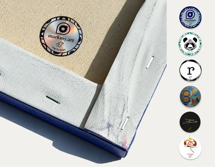 markmy.art holographic NFC tag attached to canvas with custom tag designs