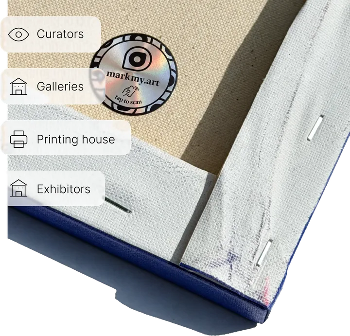 markmy.art NFC tag on the back of a canvas, labelled for galleries, exhibitors, curators and printing houses