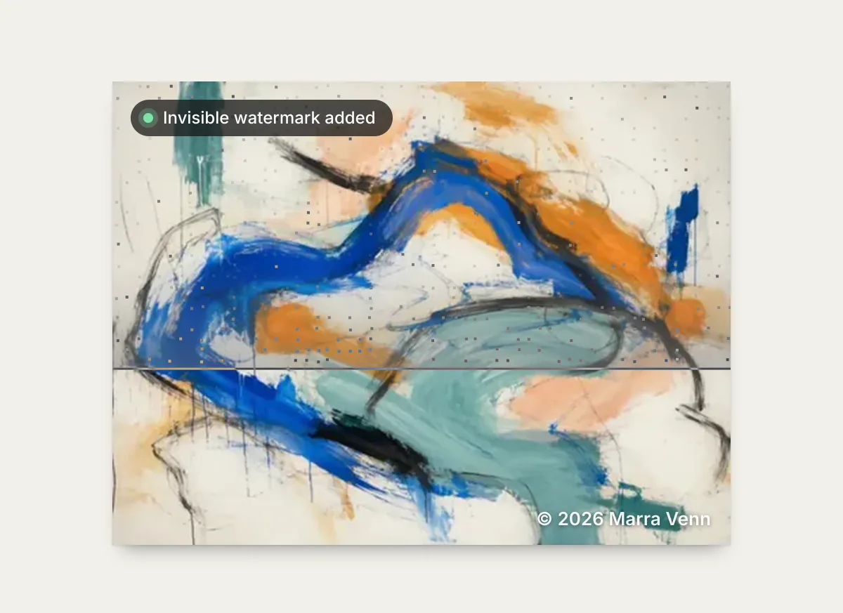 Pintura abstracta mientras se le añade una marca de agua invisible, con una marca © visible en la esquina
