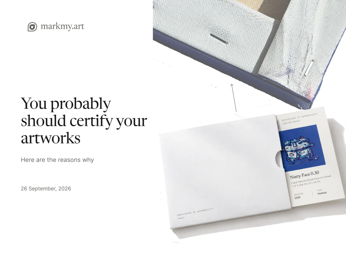 An artwork certificate in a paper sleeve beside the back of a painted canvas.