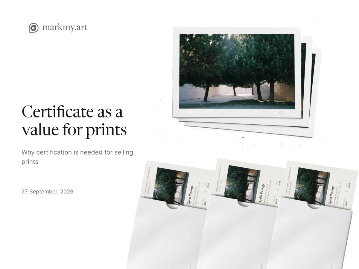 Photographic prints with matching certificates of authenticity in paper sleeves.