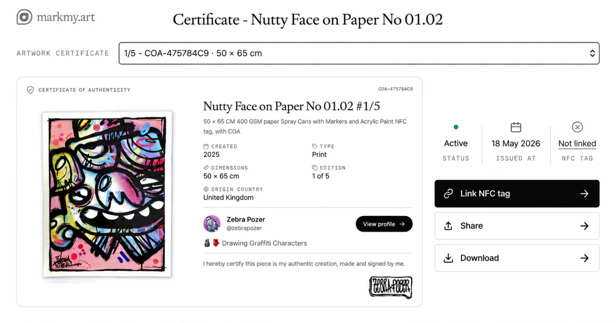 Markmy Arbeitsbereich für Druckzertifikate mit Editionsauswahl, einem Zertifikat für einen einzelnen Druck sowie NFC-, „Share“- und „Download“-Funktionen.