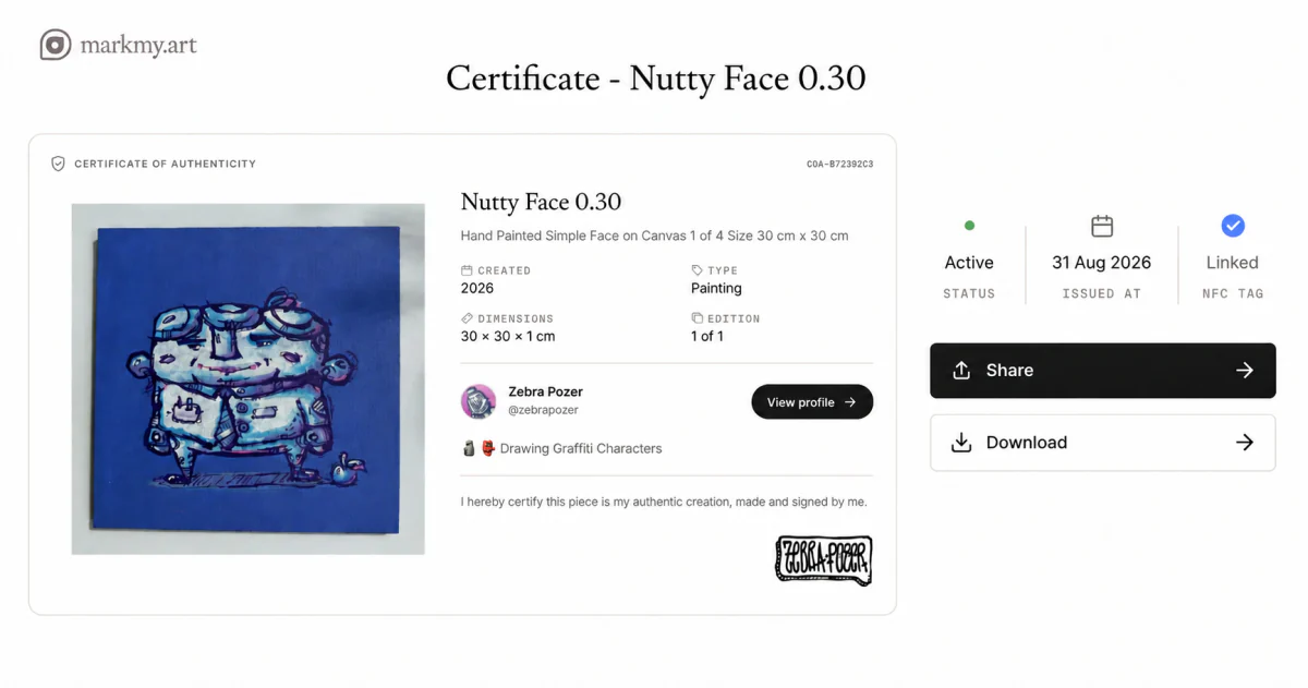 Markmy artwork certificate workspace showing a painting, certificate details, and Share and Download controls.