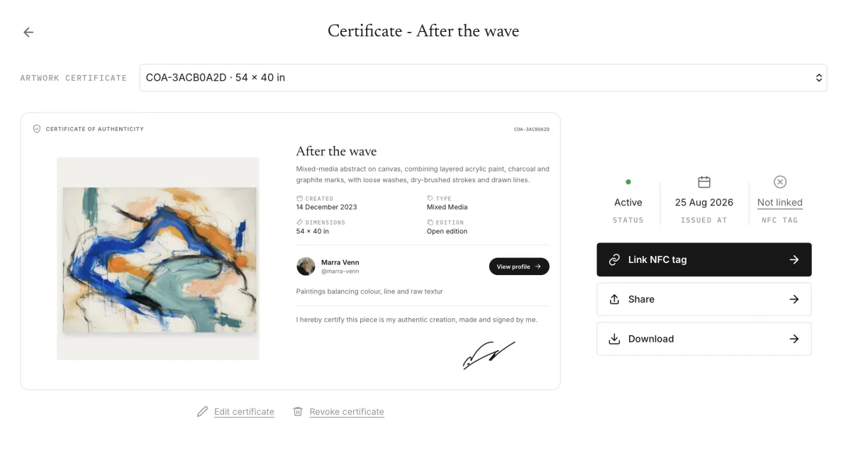 Artwork certificate workspace showing an active open-edition certificate selected and the Link NFC tag action.