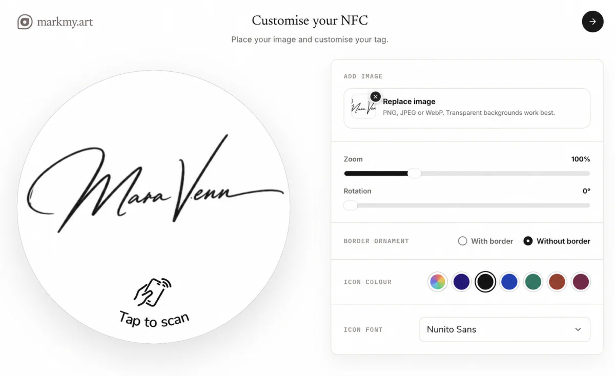 Markmy NFC tag customisation screen showing a signature tag preview and image, zoom, rotation, border, colour and font controls.