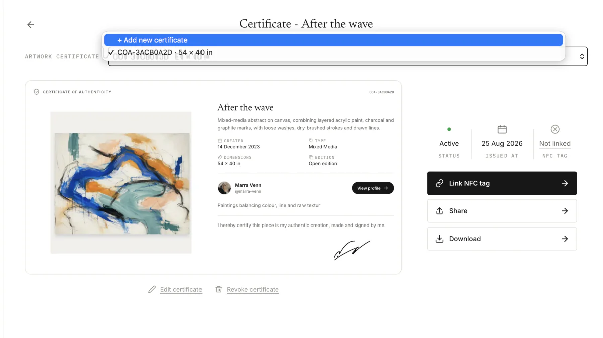 Auswahl im Zertifikatsbereich mit „Add new certificate“ und einem bestehenden Zertifikat für eine offene Edition, das durch Code und Größe gekennzeichnet ist.
