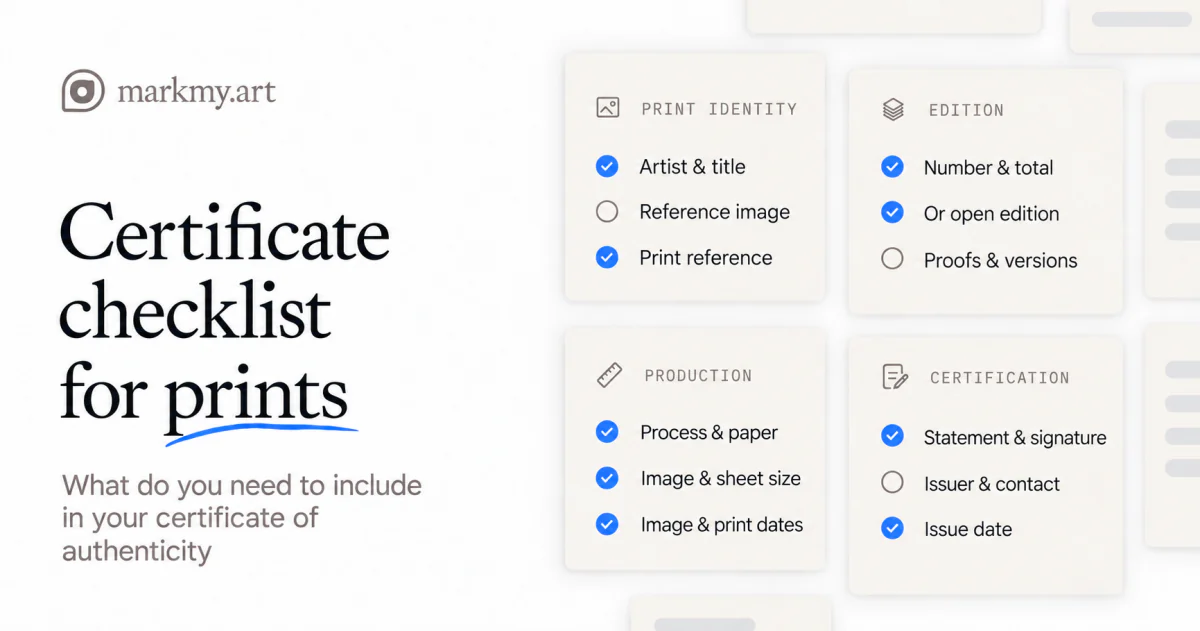Markmy print certificate checklist: print identity, edition details, production information, statement and signature.