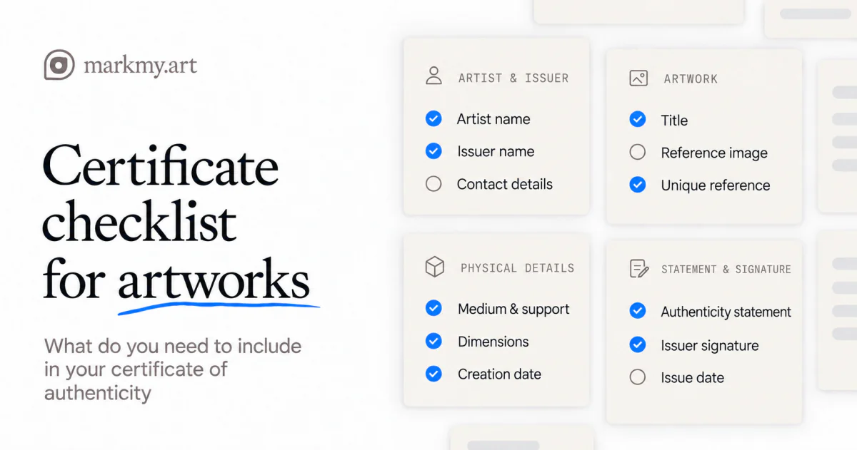 Markmy artwork certificate checklist: artist and issuer, artwork identification, physical details, statement and signature.