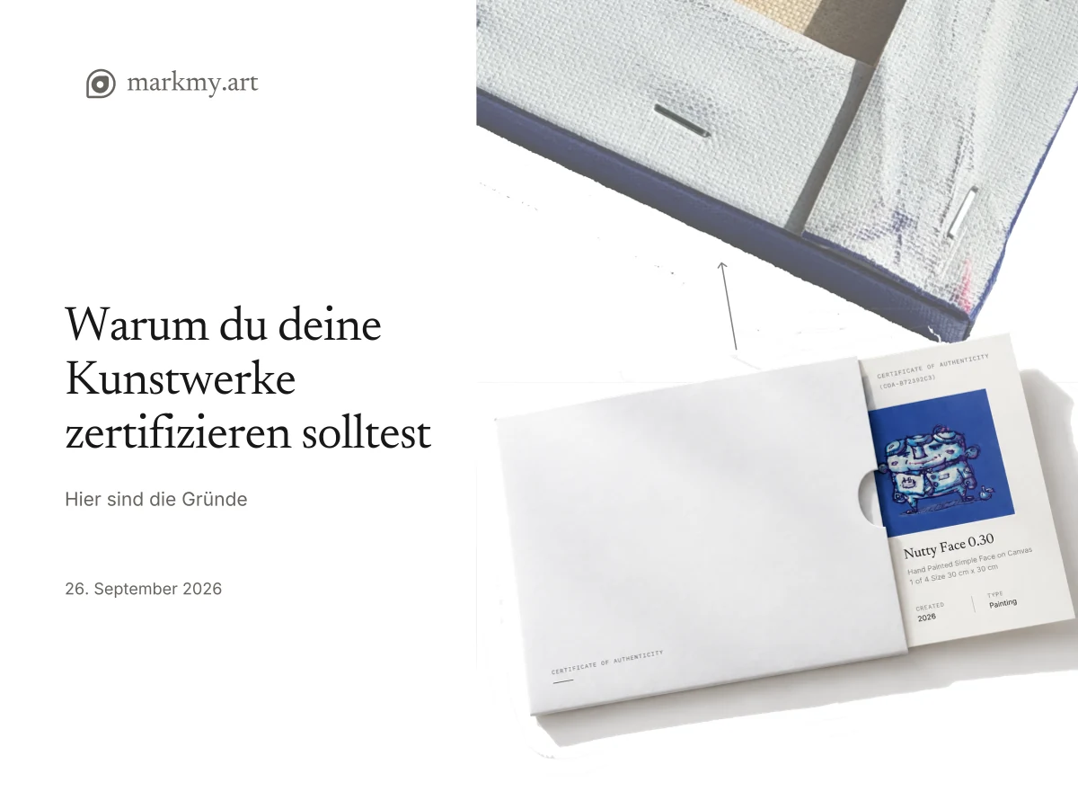 Warum Kunstwerke ein Zertifikat brauchen: ein Zertifikat in einer Papierhülle neben der Rückseite einer Leinwand.