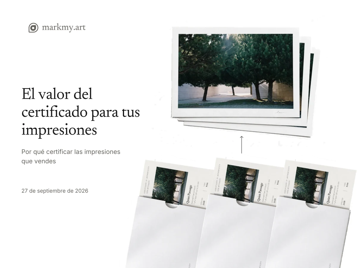 El valor del certificado para tus impresiones: fotografías impresas con sus certificados en fundas de papel.