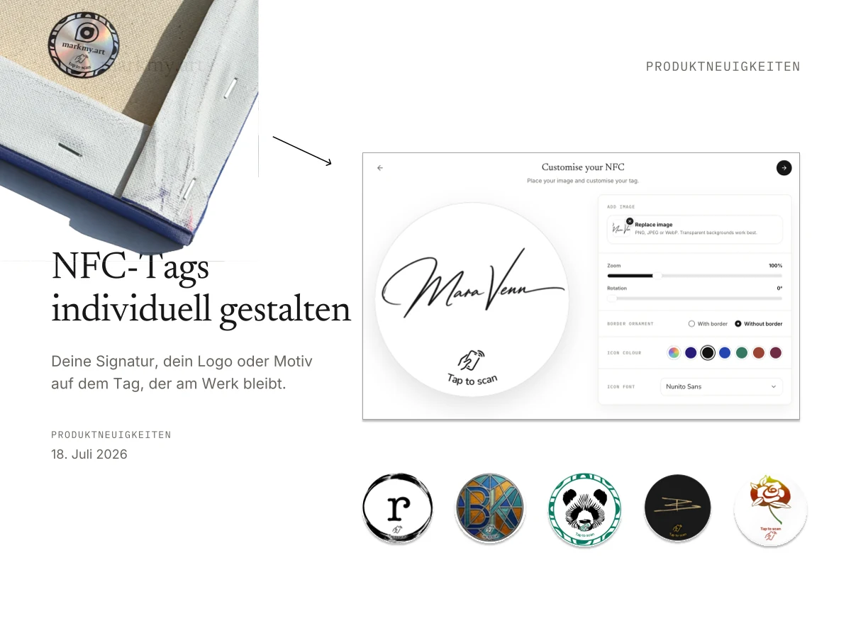 NFC-Tags individuell gestalten: Designeditor und Beispiele mit Signaturen, Logos und Kunstwerken.