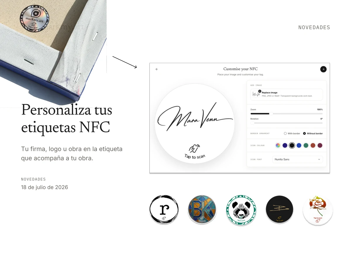 Personaliza tus etiquetas NFC: editor de diseños y ejemplos de etiquetas con firmas, logos y obras.
