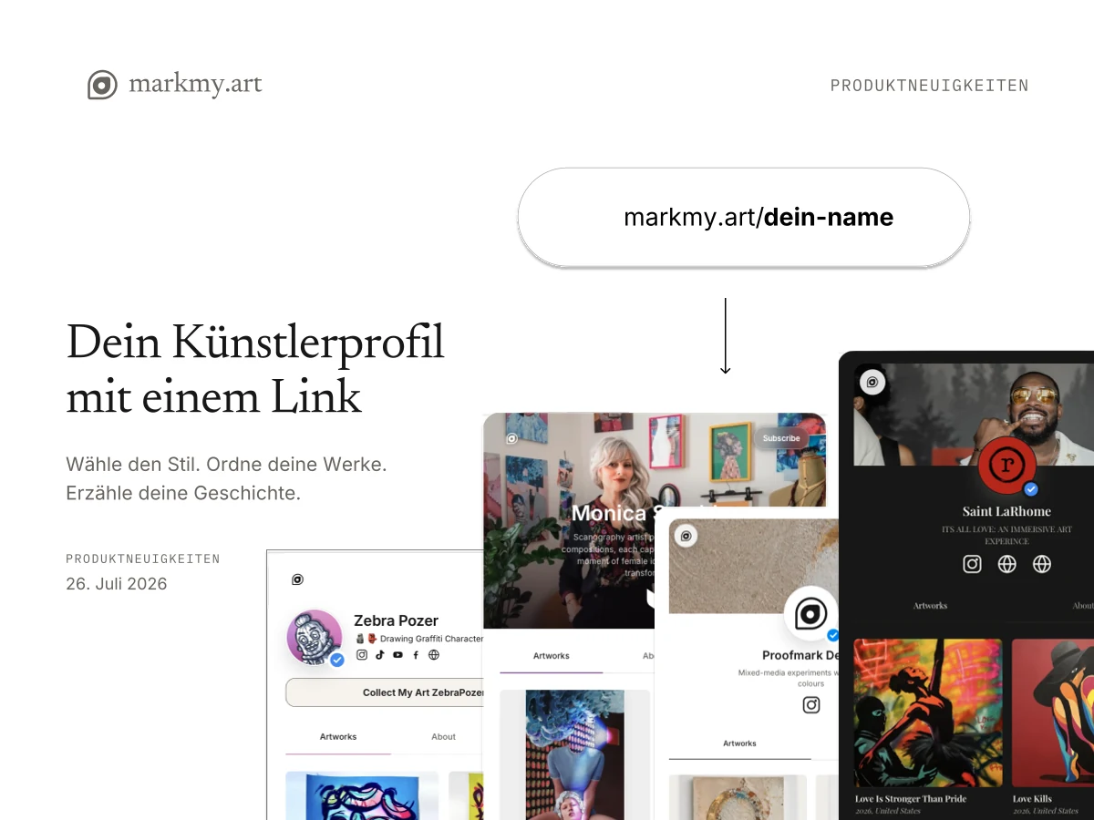 Dein Künstlerprofil mit einem Link: verschiedene Profildesigns und Werkgalerien in Markmy.