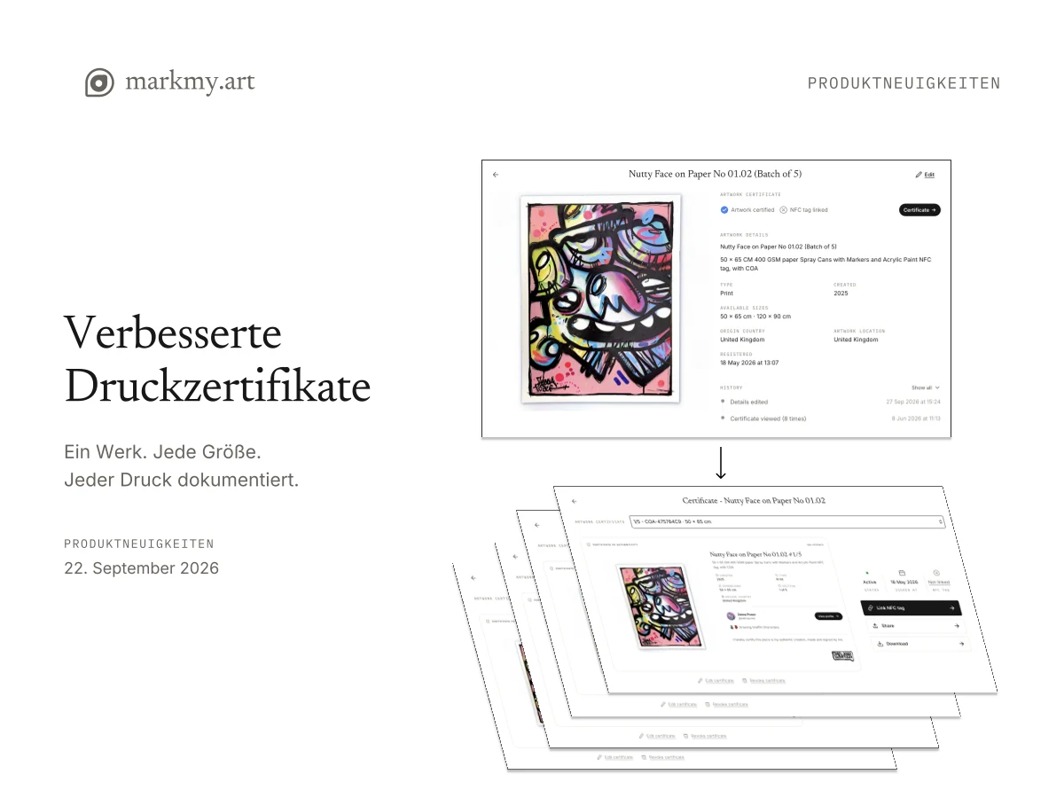 Verbesserte Druckzertifikate: ein Werk und einzelne Zertifikate für jeden Druck.