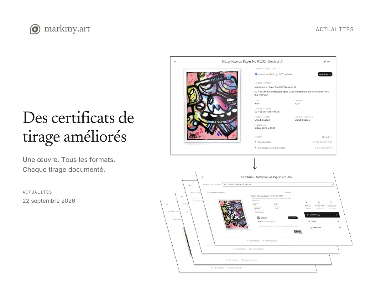 Des certificats de tirage améliorés : une œuvre et des certificats individuels pour chaque tirage.
