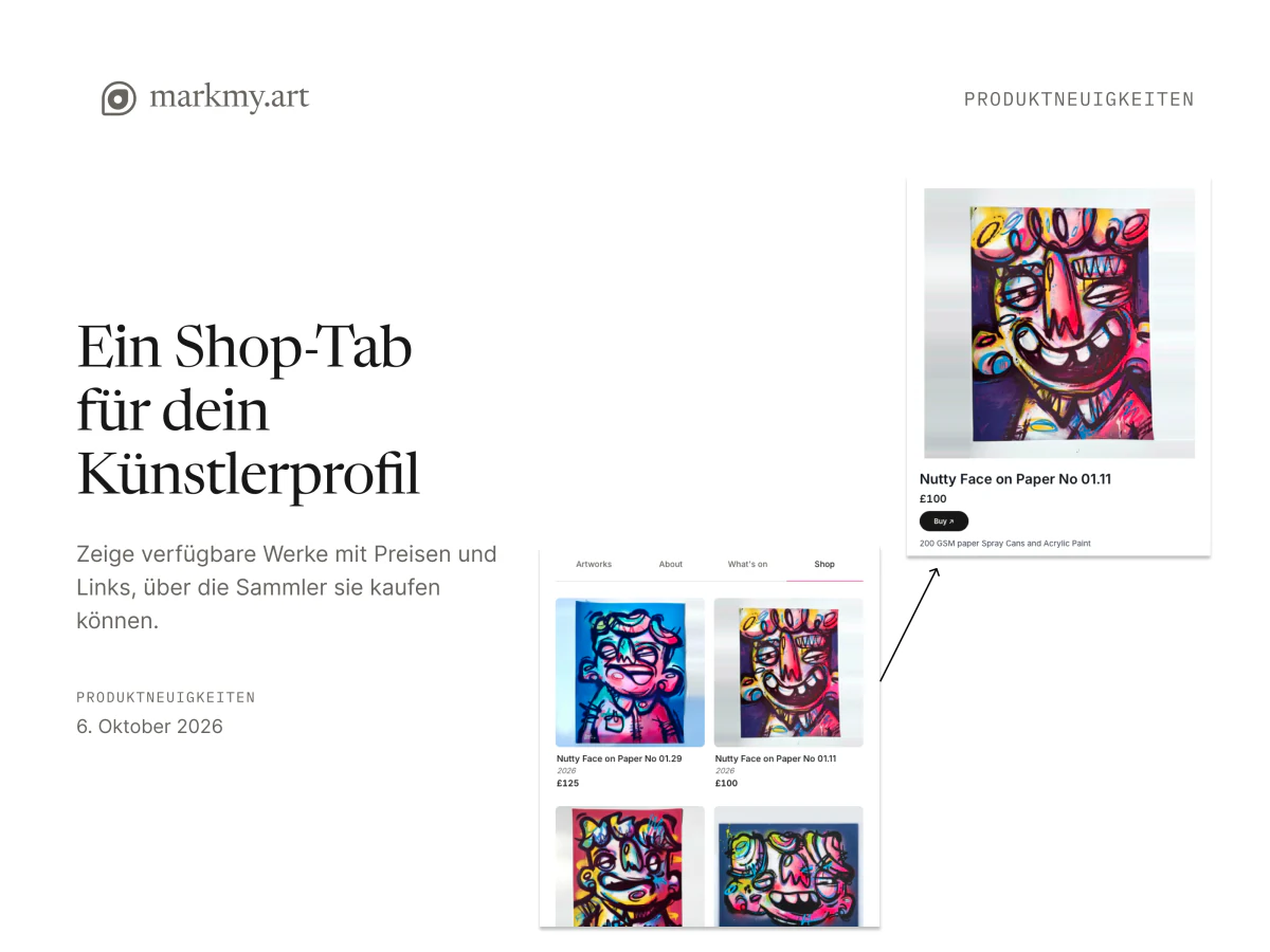 Shop-Tab eines Künstlerprofils mit Werken und Preisen, daneben eine Werkseite mit dem Preis von 100 £ und dem Kaufen-Button.