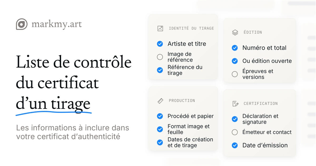 Liste Markmy des informations du certificat d’un tirage : identification du tirage, détails de l’édition, informations de production, déclaration et signature.