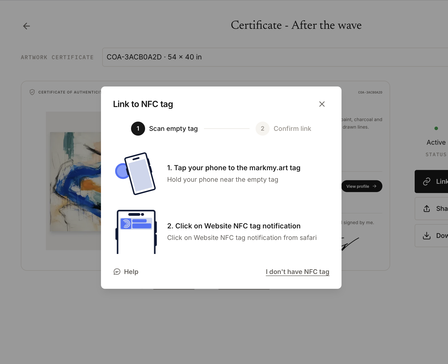 Link to NFC tag dialog showing the Scan empty tag step, a phone tap and a website notification.