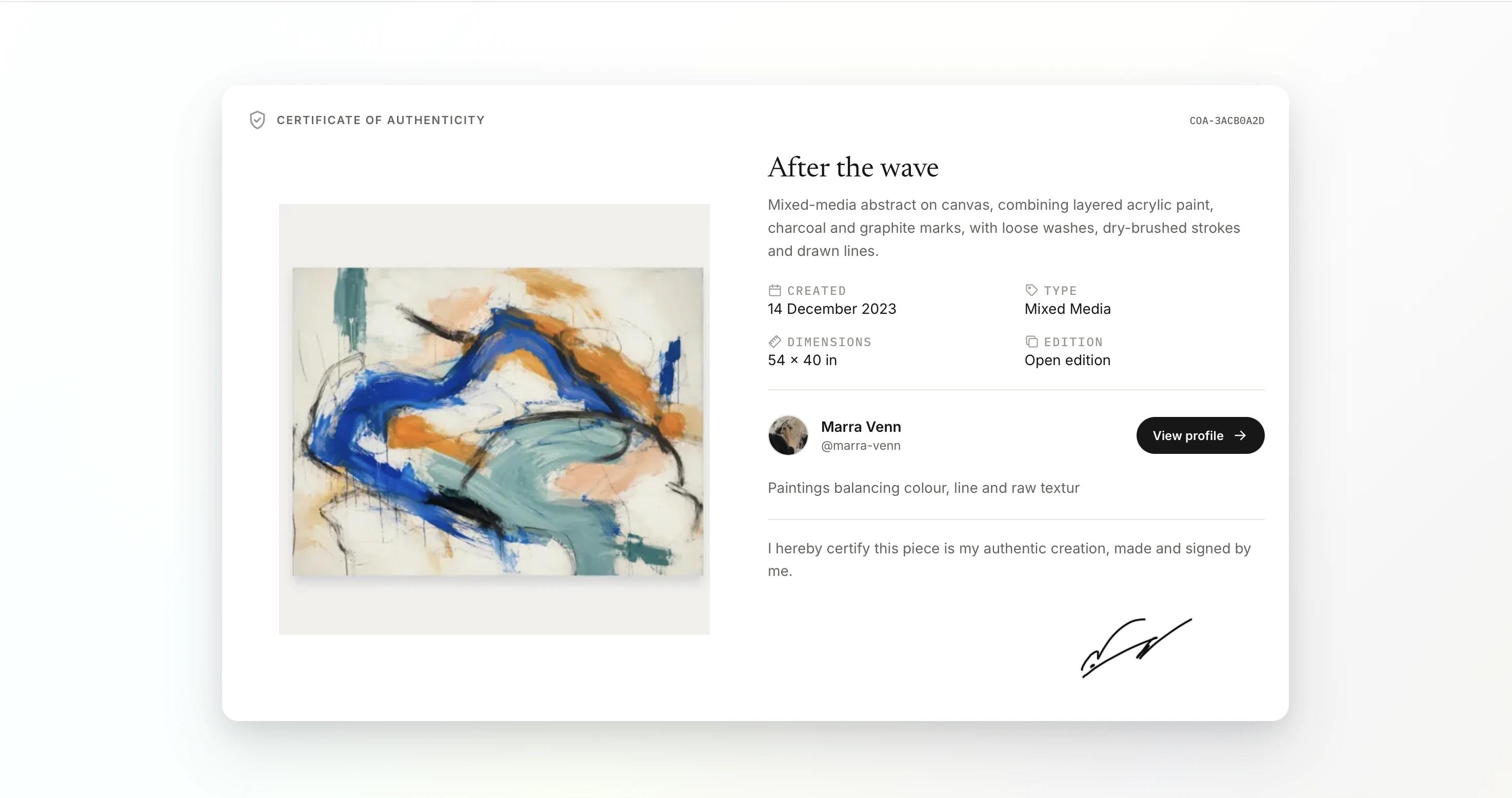 Public certificate for After the wave showing the artwork, artist, dimensions, open-edition label and signed statement.