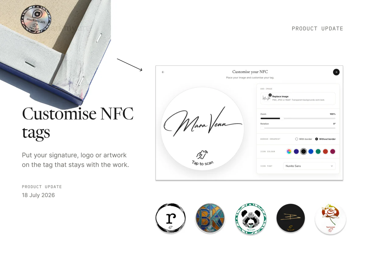 Custom NFC sticker editor with a signature design and examples of finished tags.