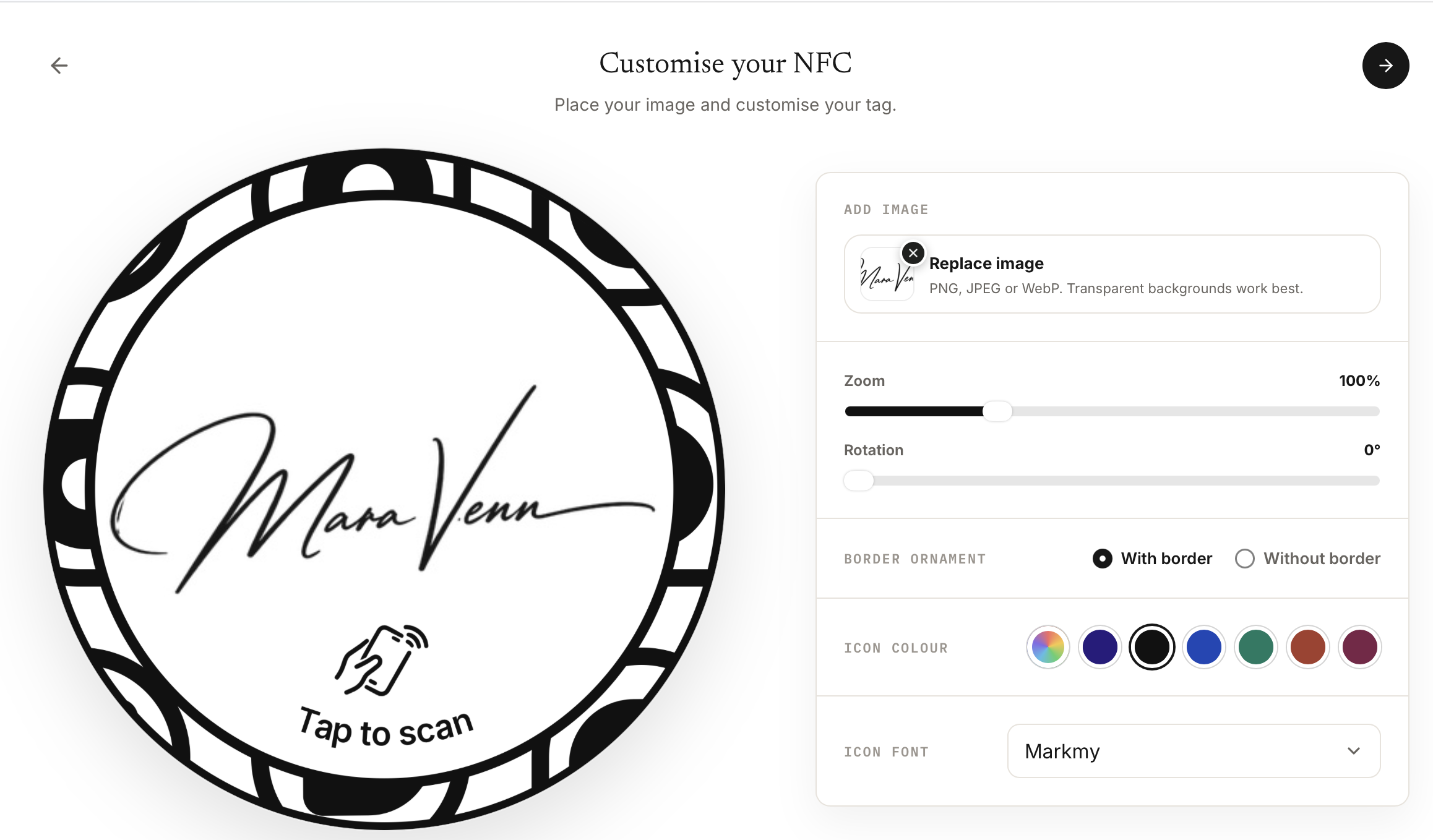 Custom NFC sticker editor showing a signature image, live tag preview, zoom and rotation, border choice and colour controls.
