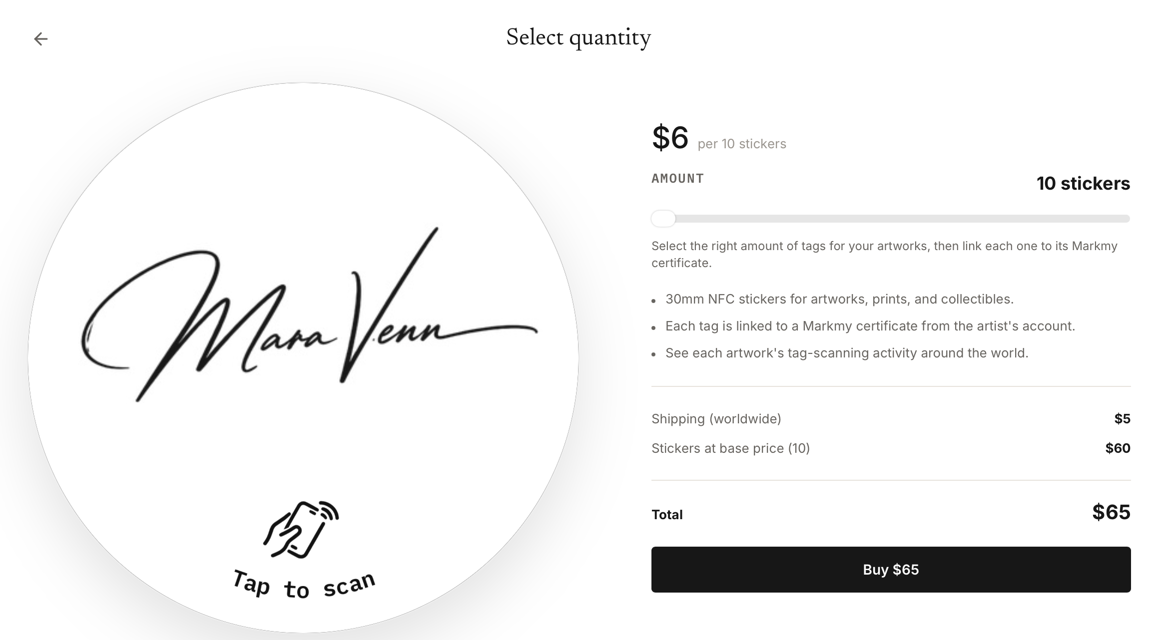 Custom NFC sticker quantity screen showing the signature tag preview, quantity slider and order total.