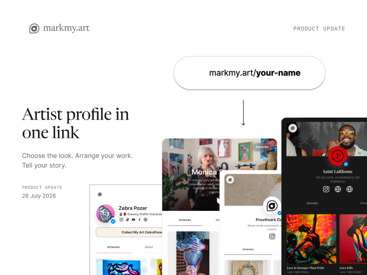 Markmy artist profiles with different layouts, artwork galleries and a personal profile link.