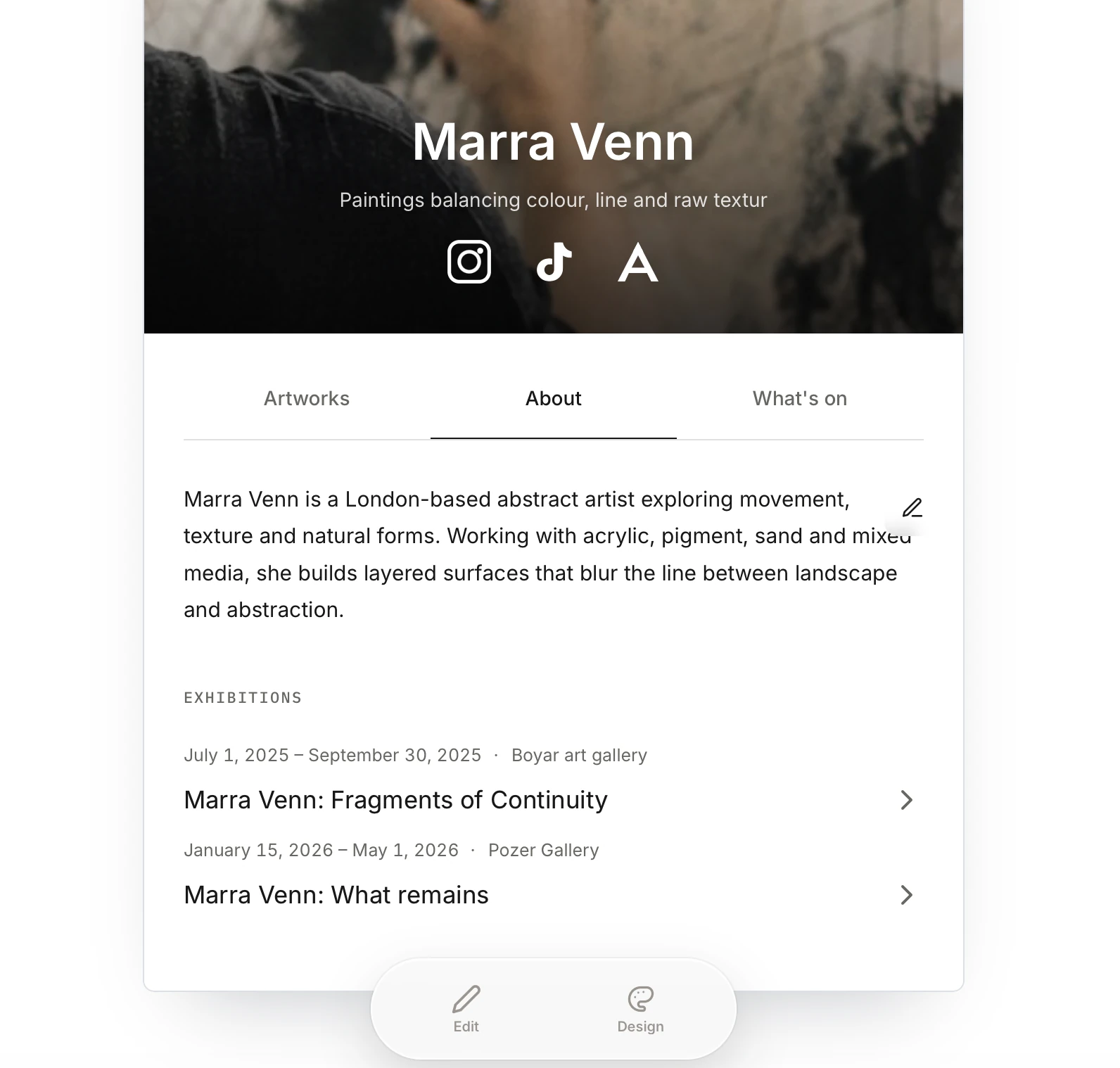 Artist profile About section showing a biography and upcoming exhibitions beneath the artist header.