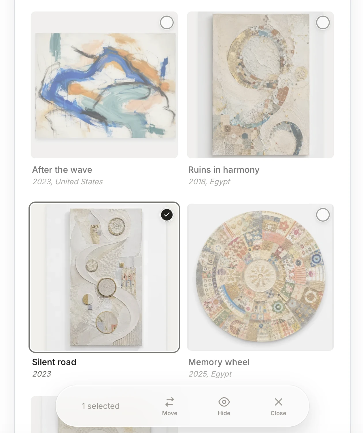 Artist profile artwork gallery with one work selected and Move and Hide actions available.