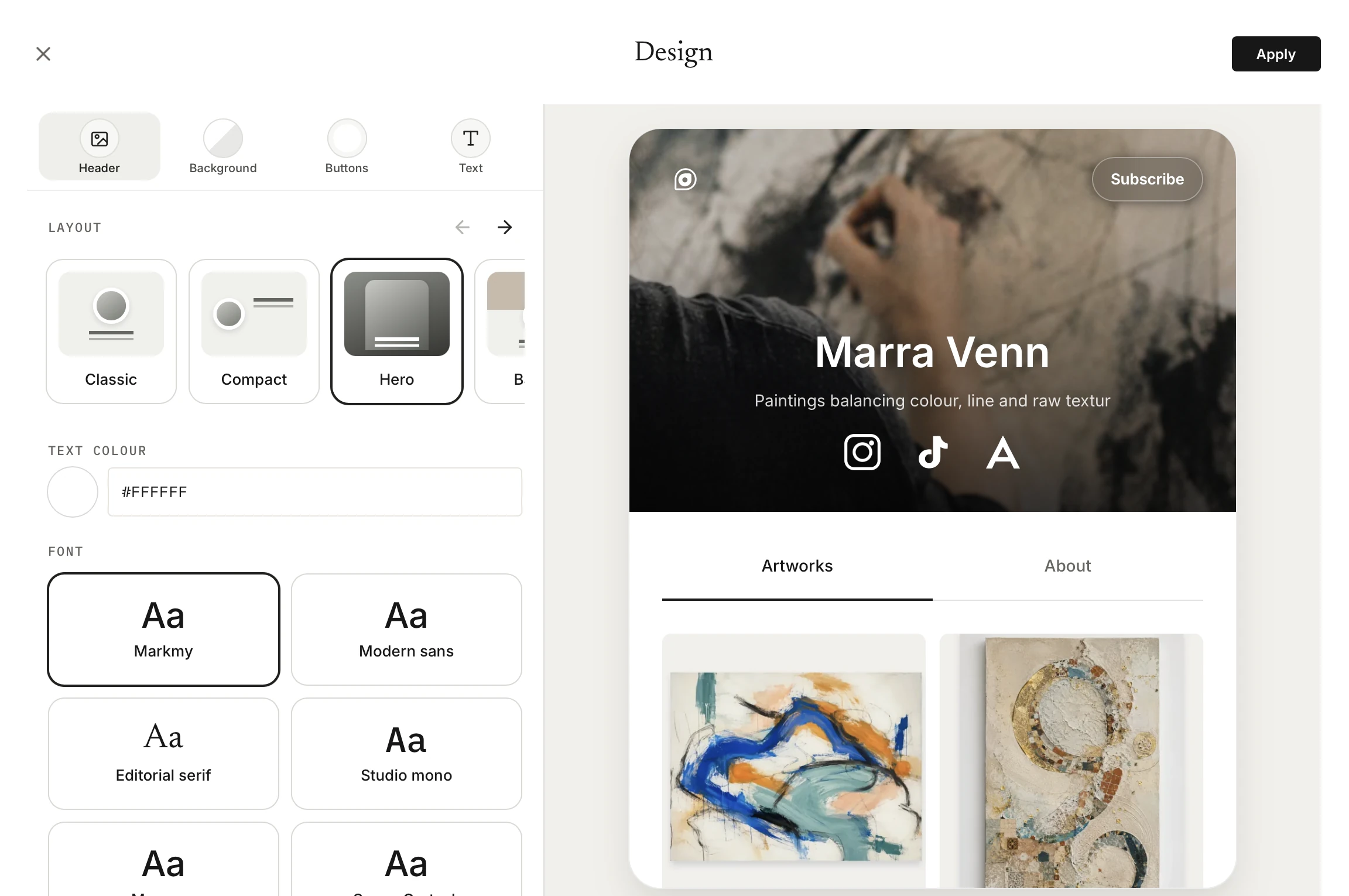 Profile design editor with header layout and font choices beside an artist page preview.