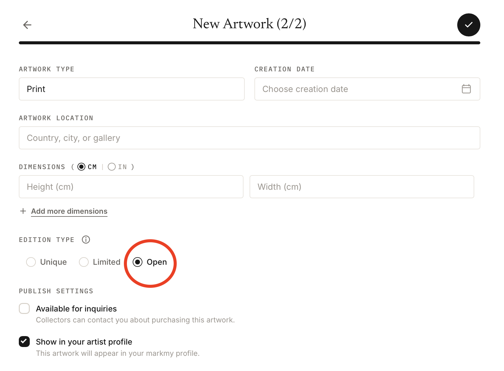 Formular „New Artwork“ mit „Print“ als Werkart und „Open“ als Editionstyp.