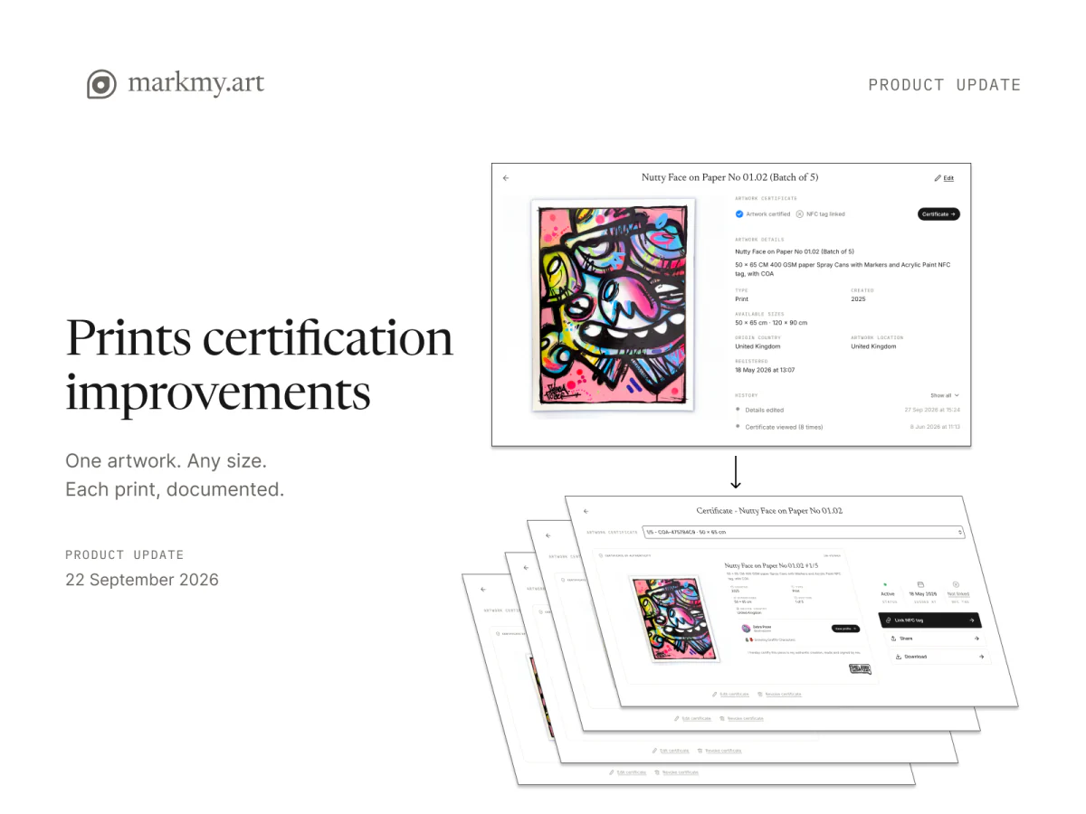 An artwork record with available print sizes leading to separate certificates for individual prints.