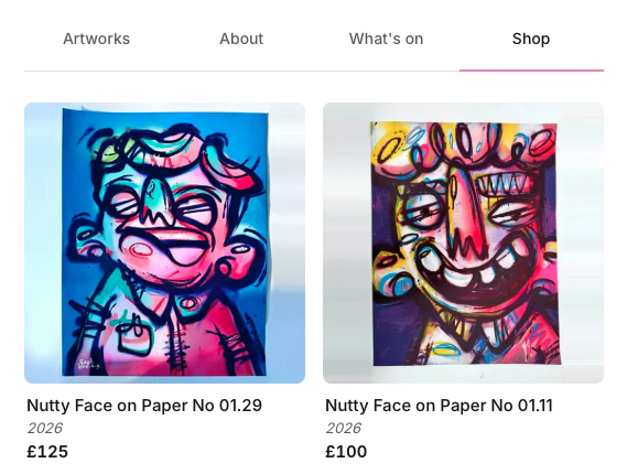 Shop tab selected on an artist profile, showing two artworks with their titles, year and prices of £125 and £100.