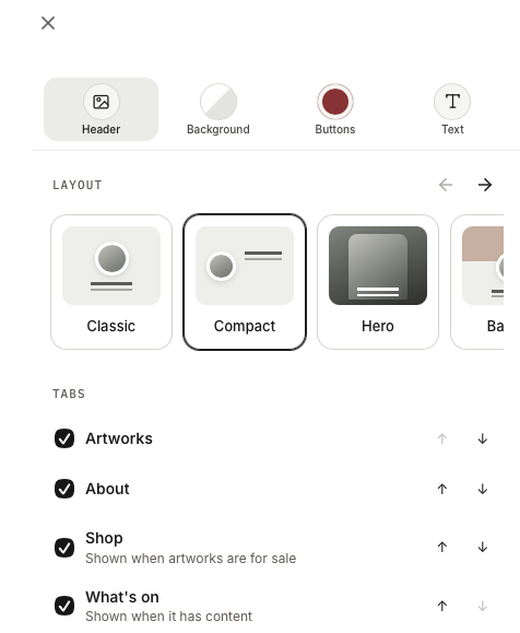 Profile design Header panel with the Tabs list: Artworks, About, Shop and What's on, each with a checkbox and up and down arrows.