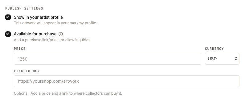 Publish settings with Show in your artist profile and Available for purchase ticked, and the Price, Currency and Link to buy fields below.