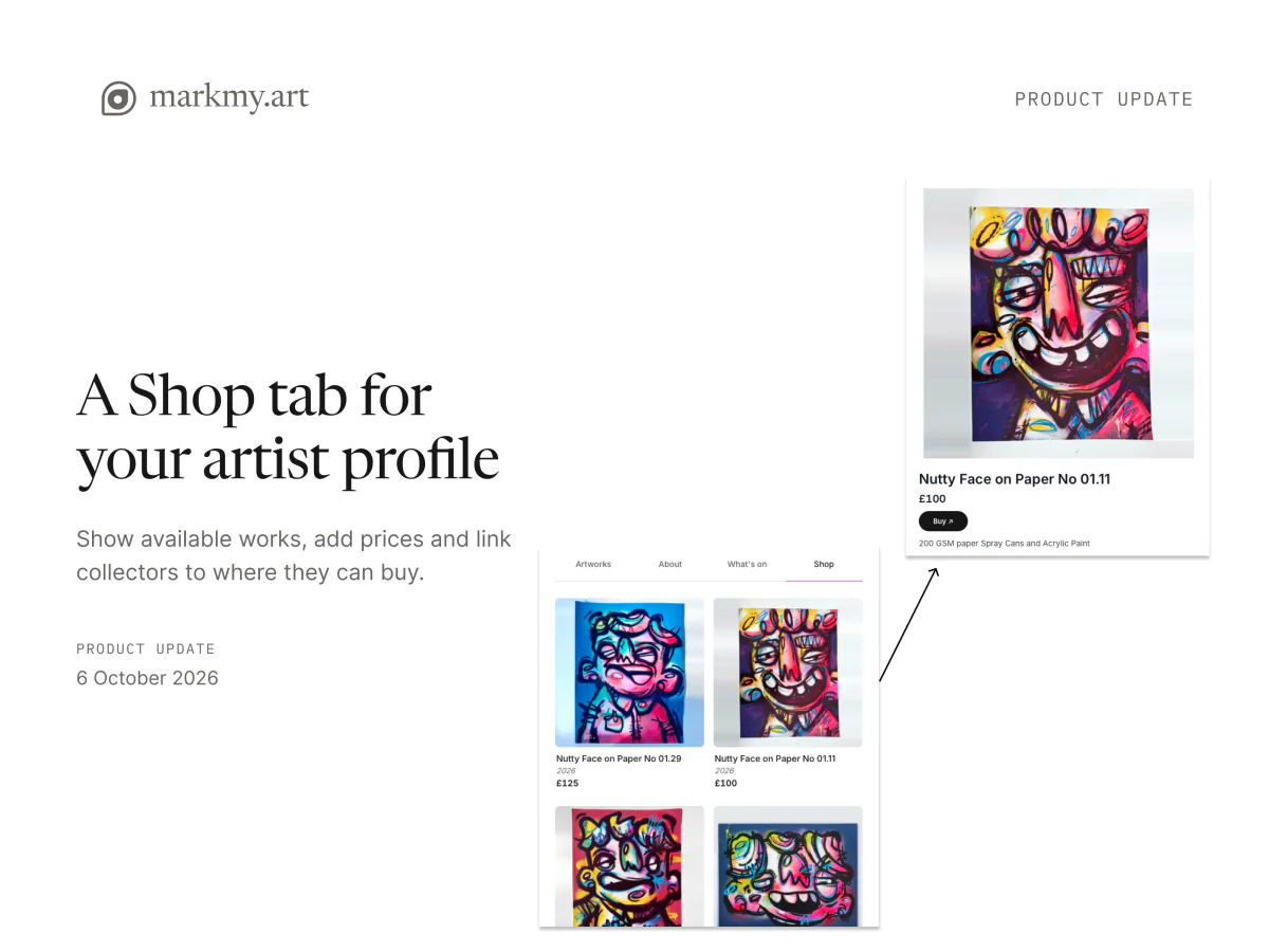 Artist profile Shop tab listing artworks with prices, beside an artwork page showing its £100 price and Buy button.