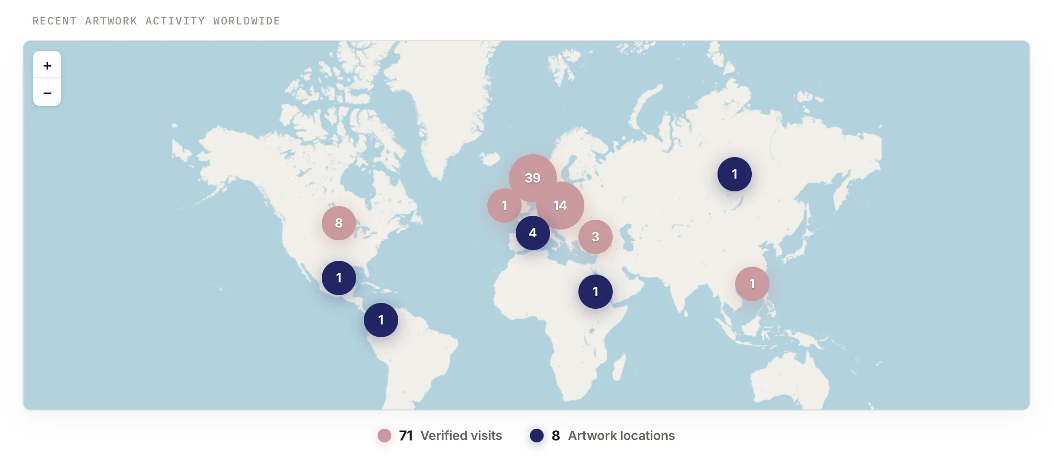 markmy.art dashboard showing COA scans and artwork locations on a world map