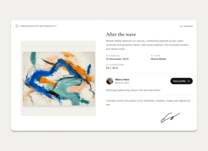 markmy.art certificate of authenticity for the artwork After the wave
